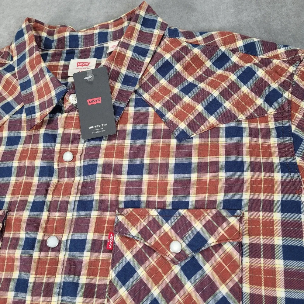 Levis Mens XXL Western Plaid‎ Long Sleeve Snap Button Shirt Red Blue New